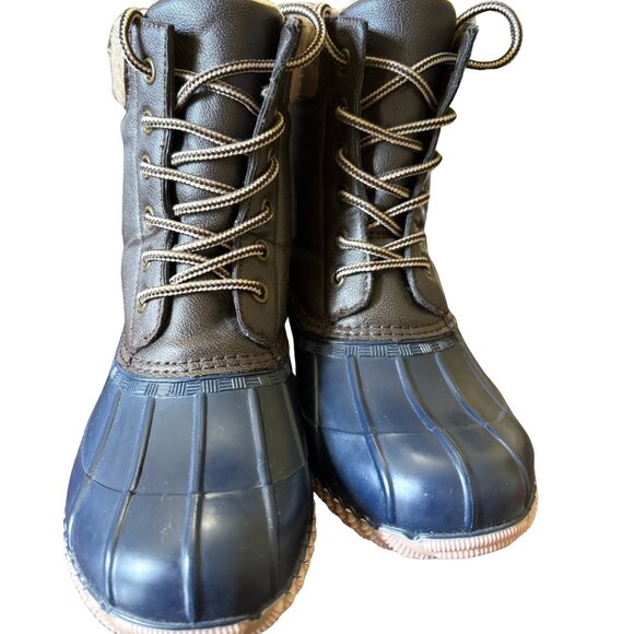 Magellan Outdoors Womens Duck Boots 6 Brown Navy Faux Shearling Lined Waterproof - Picture 3 of 10